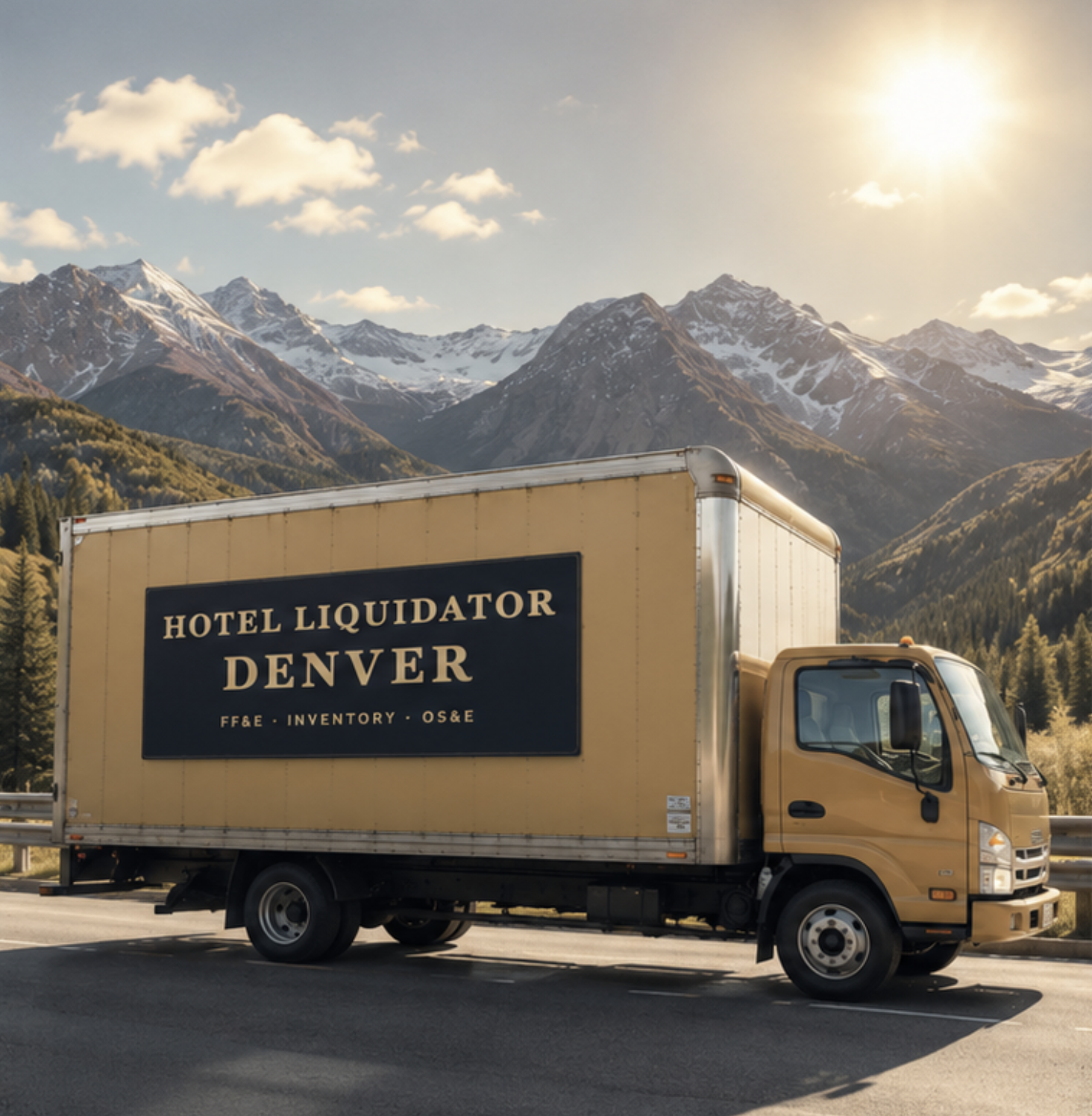 Hotel Liquidator Denver commercial truck in front of the Colorado Rockies